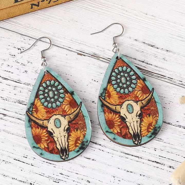 Western Style Bull Head Water Drop Shaped Wooden Earring - image 1