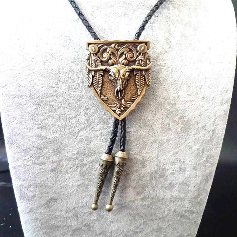 Steer Skull Emblem Vintage Carved Metal Bolo Tie - Style #1 - image 0