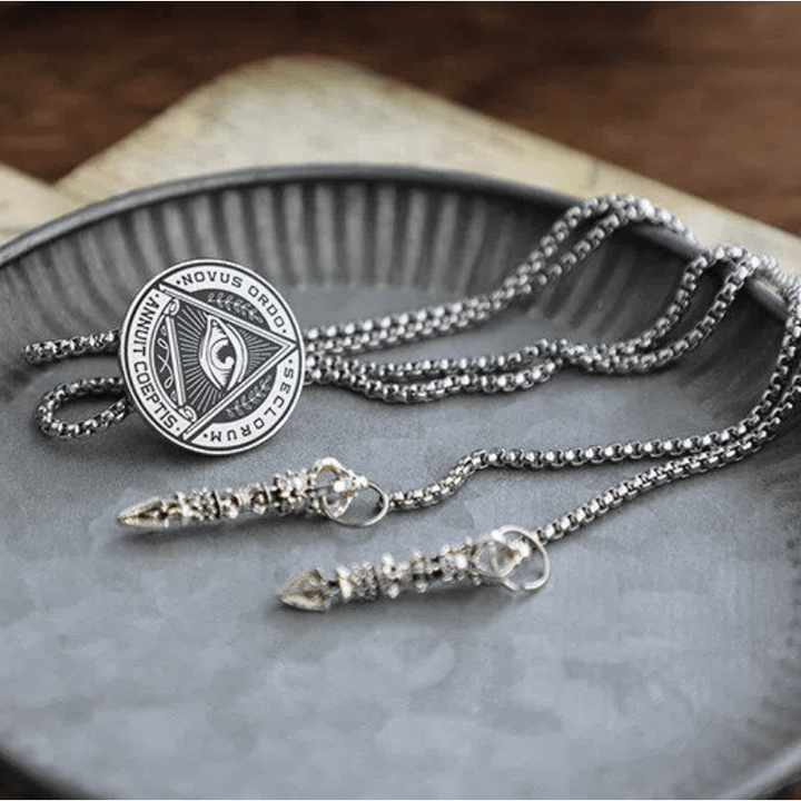 Eye of Providence Latin Inscription Vintage Metal Bolo Tie - image 2