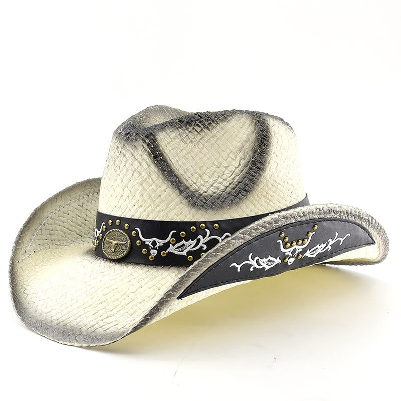 Men's Woven Western Style Bull Emblem Studded Trim Cowboy Hat - White - M (22"-22 7/8") - image 8