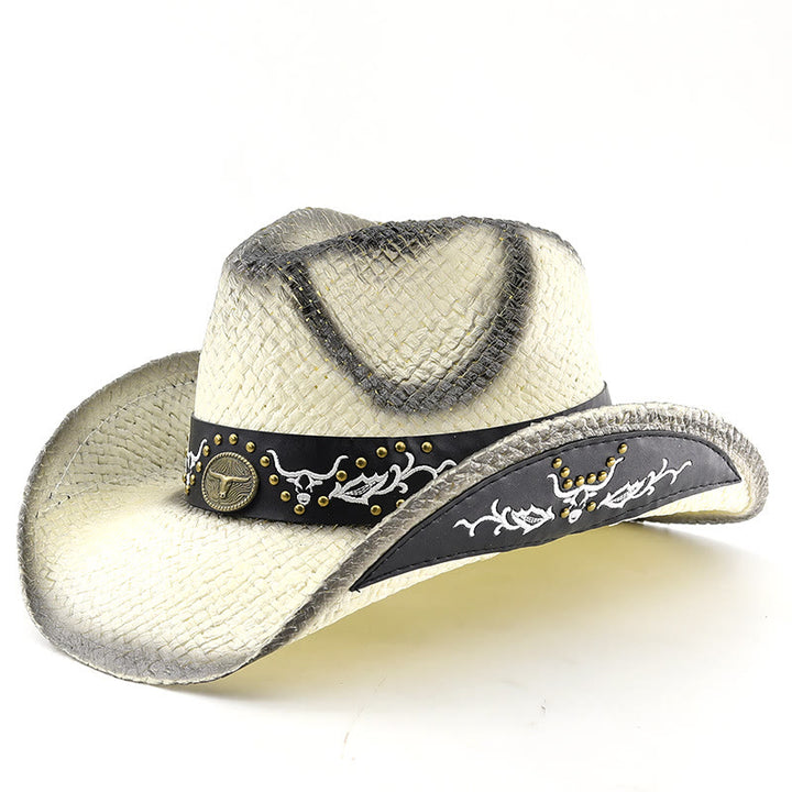 Men's Woven Western Style Bull Emblem Studded Trim Cowboy Hat - White - M (22"-22 7/8") - image 8
