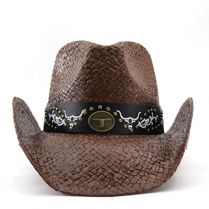 Men's Woven Western Style Bull Emblem Studded Trim Cowboy Hat - image 1