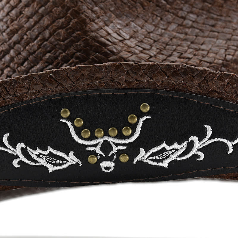 Men's Woven Western Style Bull Emblem Studded Trim Cowboy Hat - image 6
