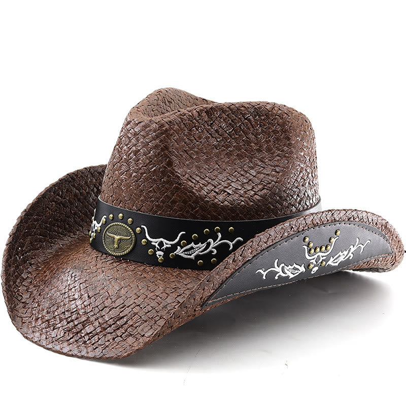 Men's Woven Western Style Bull Emblem Studded Trim Cowboy Hat - Coffee - M (22"-22 7/8") - image 0