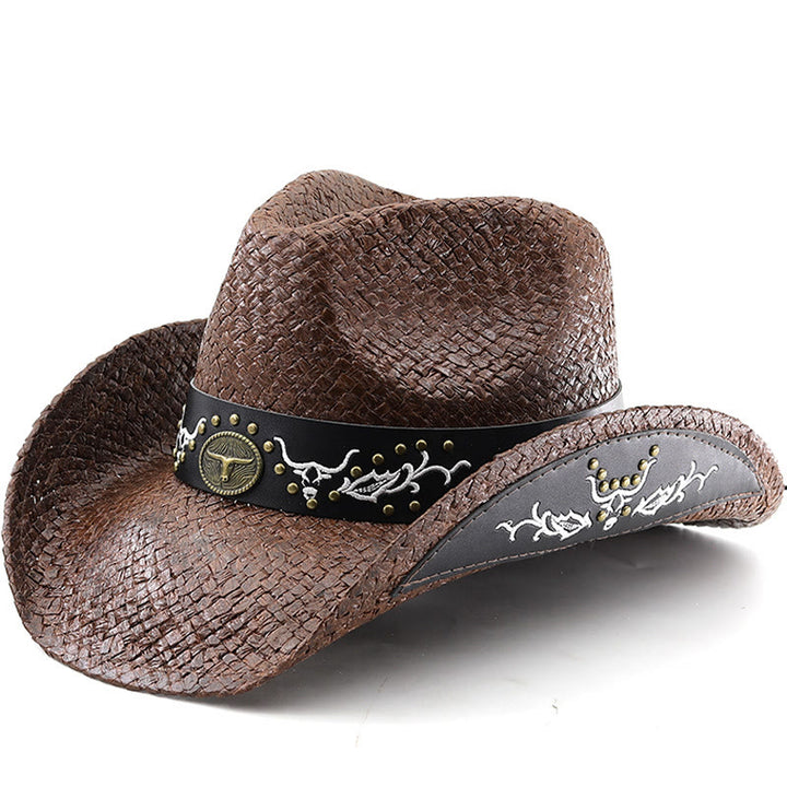 Men's Woven Western Style Bull Emblem Studded Trim Cowboy Hat - Coffee - M (22"-22 7/8") - image 0