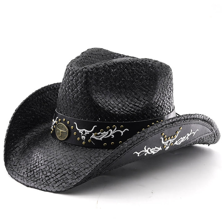 Men's Woven Western Style Bull Emblem Studded Trim Cowboy Hat - Black - M (22"-22 7/8") - image 7