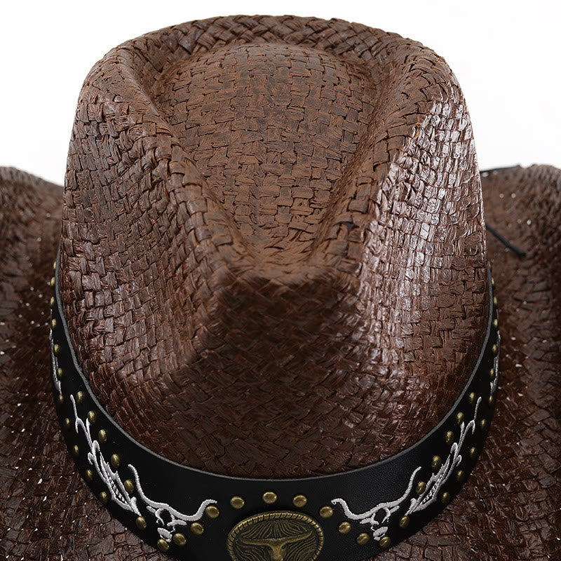 Men's Woven Western Style Bull Emblem Studded Trim Cowboy Hat - image 4