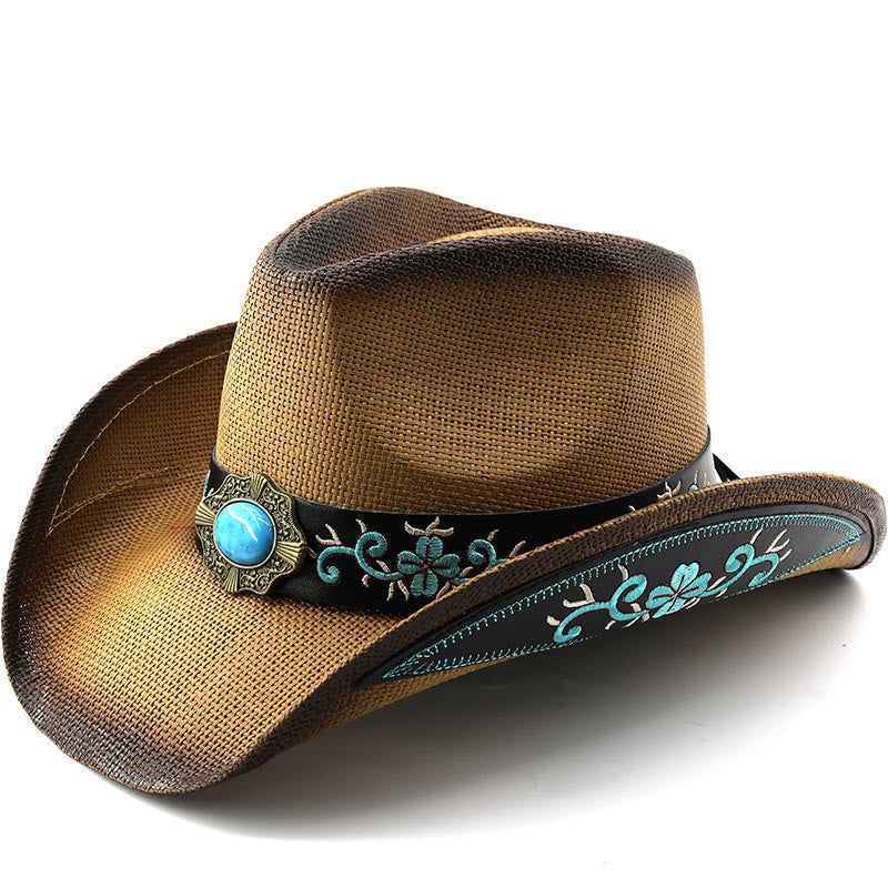 Woven Western Style Turquoise Accent Embroidered Trim Cowboy Hats - Khaki - M (22"-22 7/8") - image 0