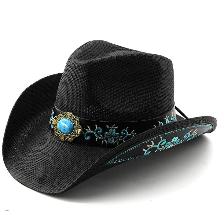 Woven Western Style Turquoise Accent Embroidered Trim Cowboy Hats - Black - M (22"-22 7/8") - image 6