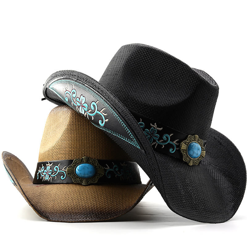 Woven Western Style Turquoise Accent Embroidered Trim Cowboy Hats - image 4