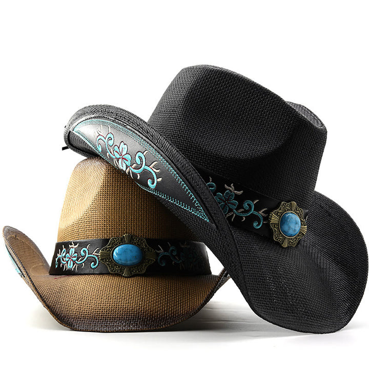Woven Western Style Turquoise Accent Embroidered Trim Cowboy Hats - image 4