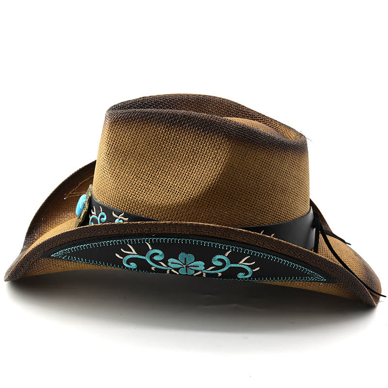 Woven Western Style Turquoise Accent Embroidered Trim Cowboy Hats - image 2