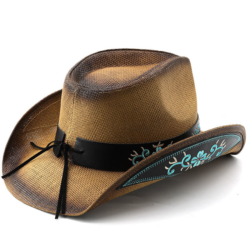 Woven Western Style Turquoise Accent Embroidered Trim Cowboy Hats - image 3