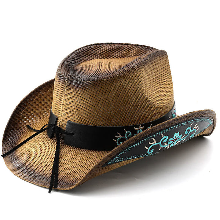 Woven Western Style Turquoise Accent Embroidered Trim Cowboy Hats - image 3