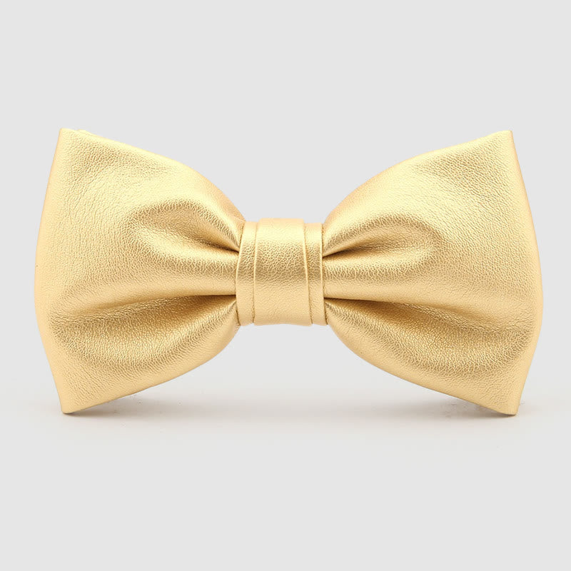 Lustrous Party Solid Color Leather Bow Tie - Gold Plain - image 3