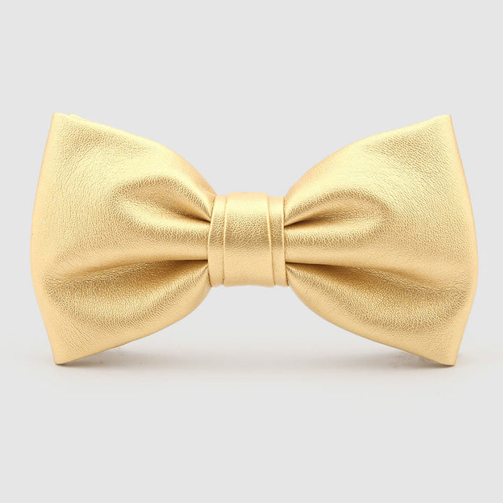 Lustrous Party Solid Color Leather Bow Tie - Gold Plain - image 3