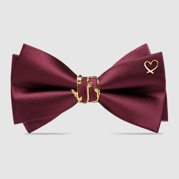 Romantic Formal Golden Heart Accents Bow Tie - Burgundy #2 - image 3