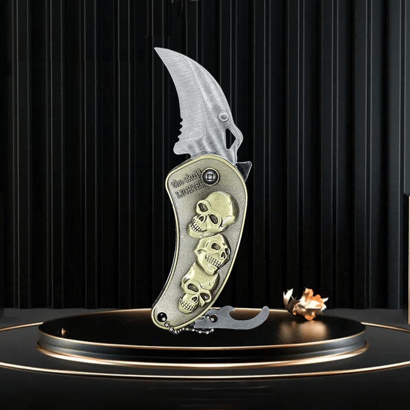 Metal Relief Dragon Folding Knife Butane Lighter - Skull - image 3