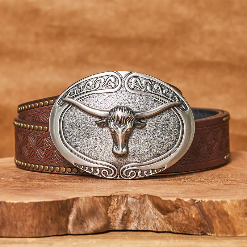 Men's Silver Bull Head Carved Buckle Leather Belt - Brown Rivet Belt - 42 - image 4