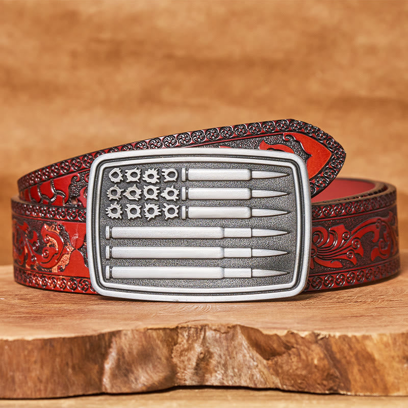 Men's Silver Bullet Rectangular Buckle Leather Belt - Brown Carved Belt - 42 - image 6