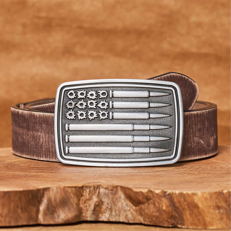 Men's Silver Bullet Rectangular Buckle Leather Belt - Brown Distressed Belt - 42 - image 5