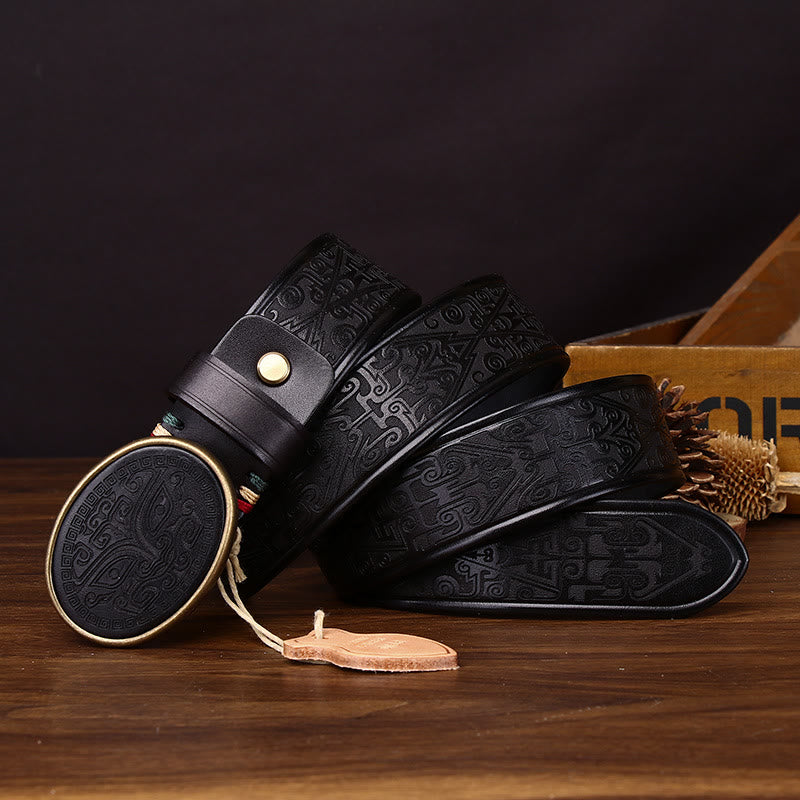 Men's Retro Totem Carving Oval Buckle Leather Belt - Black - 44 - image 3