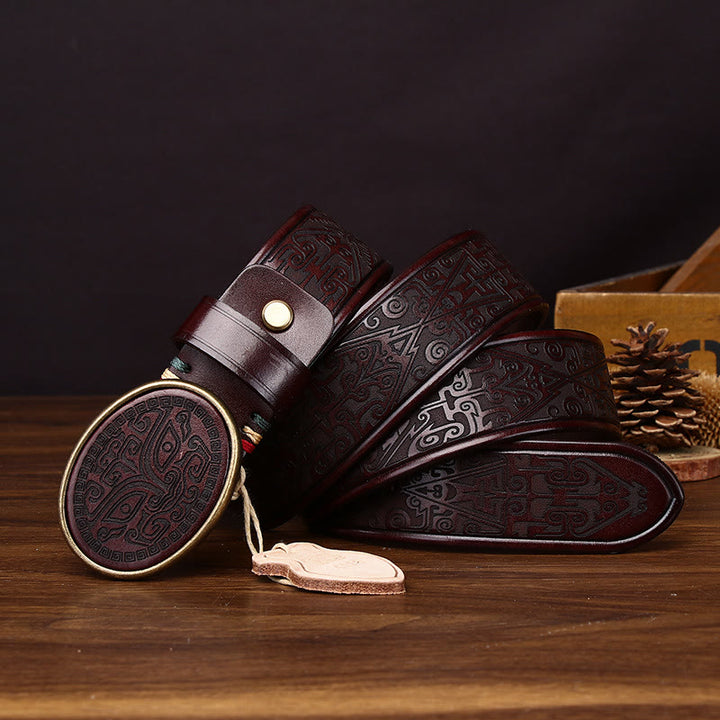 Men's Retro Totem Carving Oval Buckle Leather Belt - Coffee - 44 - image 0