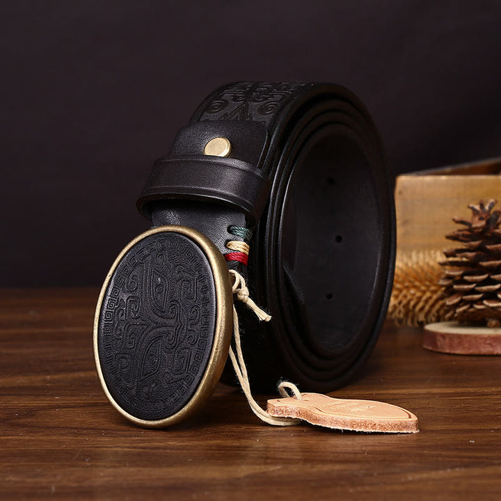 Men's Retro Totem Carving Oval Buckle Leather Belt - image 4