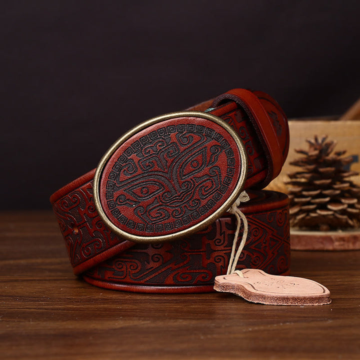 Men's Retro Totem Carving Oval Buckle Leather Belt - image 8