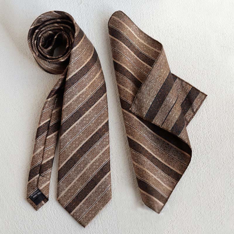 5Pcs Men's Retro Brown Diagonal Print Necktie Set - Necktie + Pocket Square - image 3