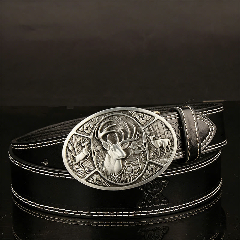Men's Retro Deer Group Relief Buckle Leather Belt - Black - 44 - image 2