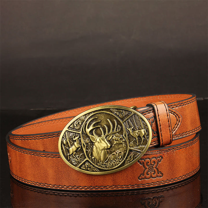 Men's Retro Deer Group Relief Buckle Leather Belt - Brown - 44 - image 0