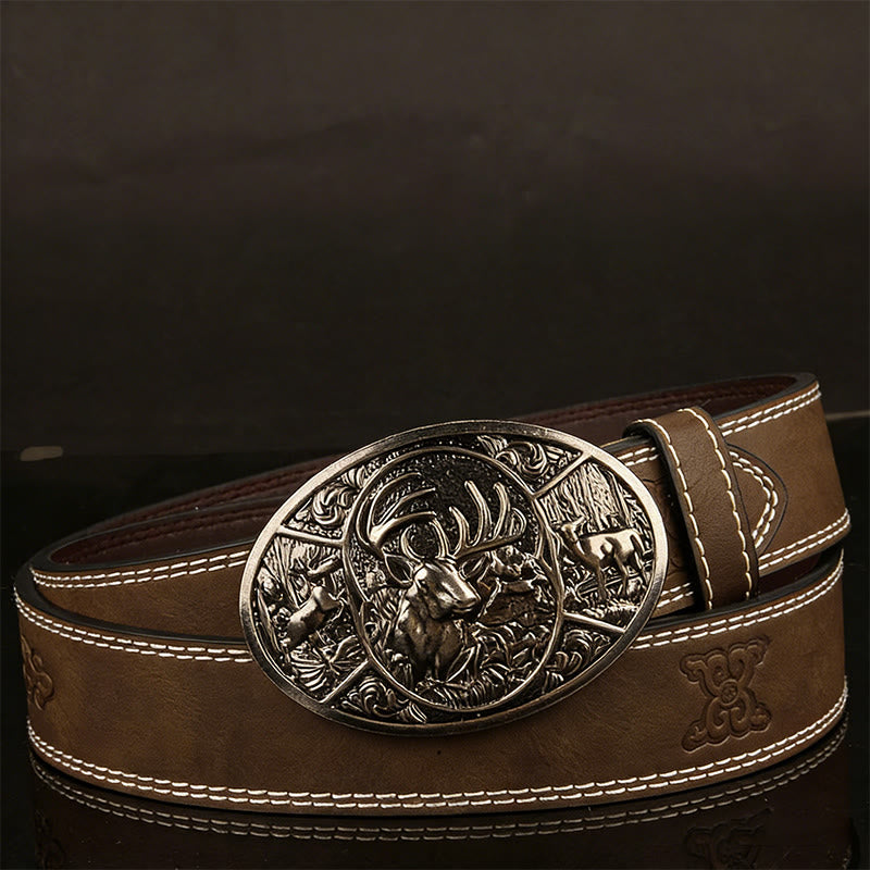 Men's Retro Deer Group Relief Buckle Leather Belt - Coffee - 44 - image 3