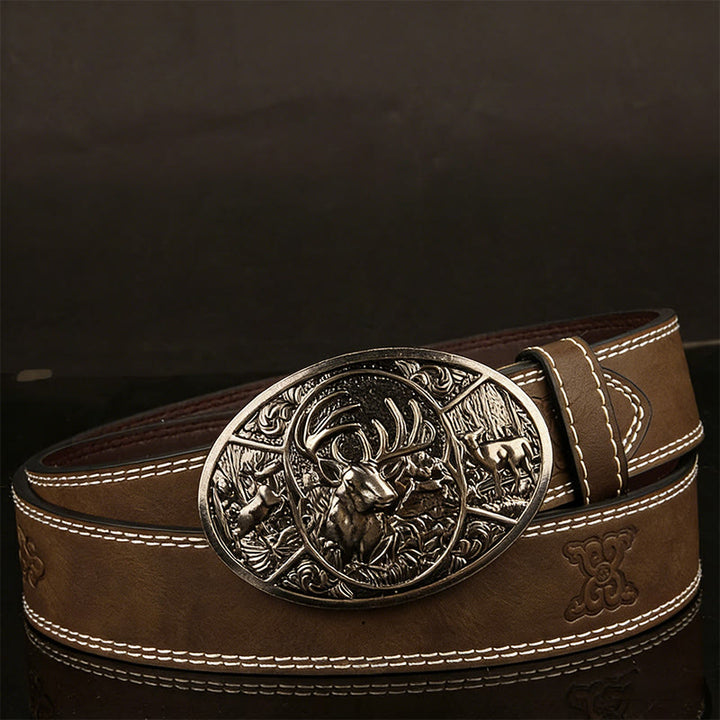 Men's Retro Deer Group Relief Buckle Leather Belt - Coffee - 44 - image 3
