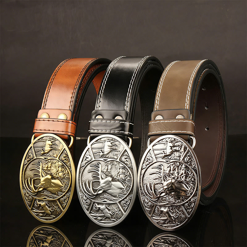Men's Retro Deer Group Relief Buckle Leather Belt - image 1