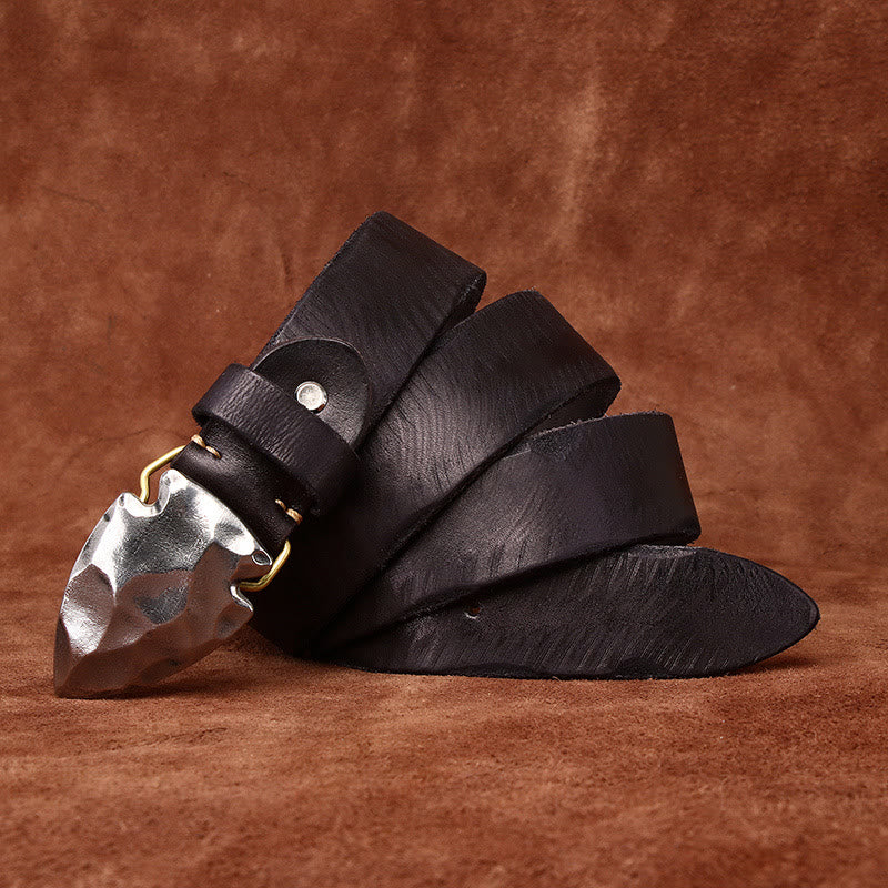 Men's Retro Distressed Silver Triangular Arrow Buckle Leather Belt - Black - 46 - image 8