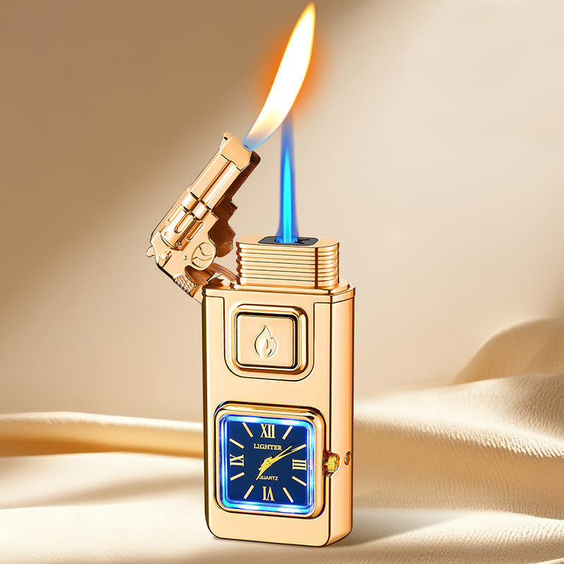 Gun-Shaped LED Inflatable Butane Lighter With Clock - Gold - image 8