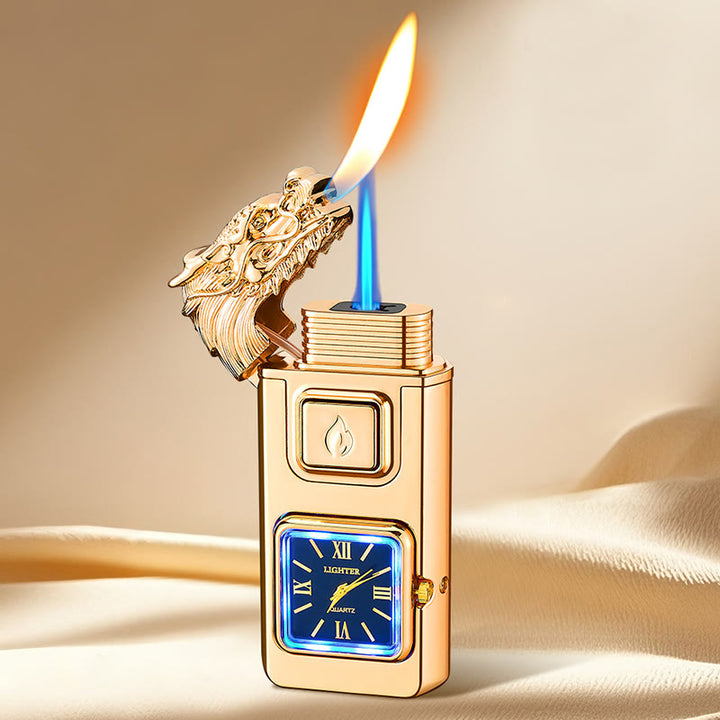 Dragon Head LED Inflatable Butane Lighter With Clock - Gold - image 9