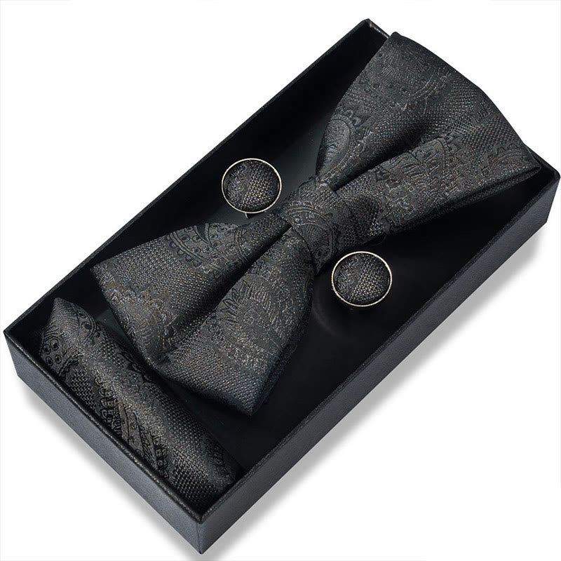 3Pcs Men's Textured Fabric Bow Tie Cufflink And Pocket Square Set - Style #2 - image 2