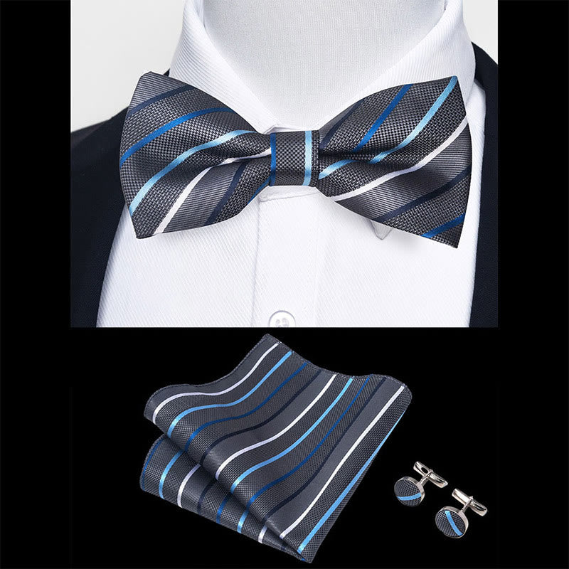 3Pcs Men's Textured Fabric Bow Tie Cufflink And Pocket Square Set - image 75