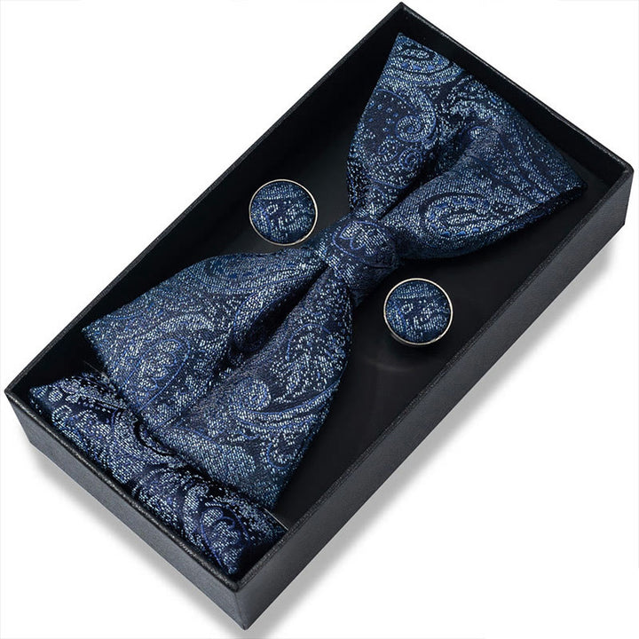 3Pcs Men's Textured Fabric Bow Tie Cufflink And Pocket Square Set - Style #7 - image 12