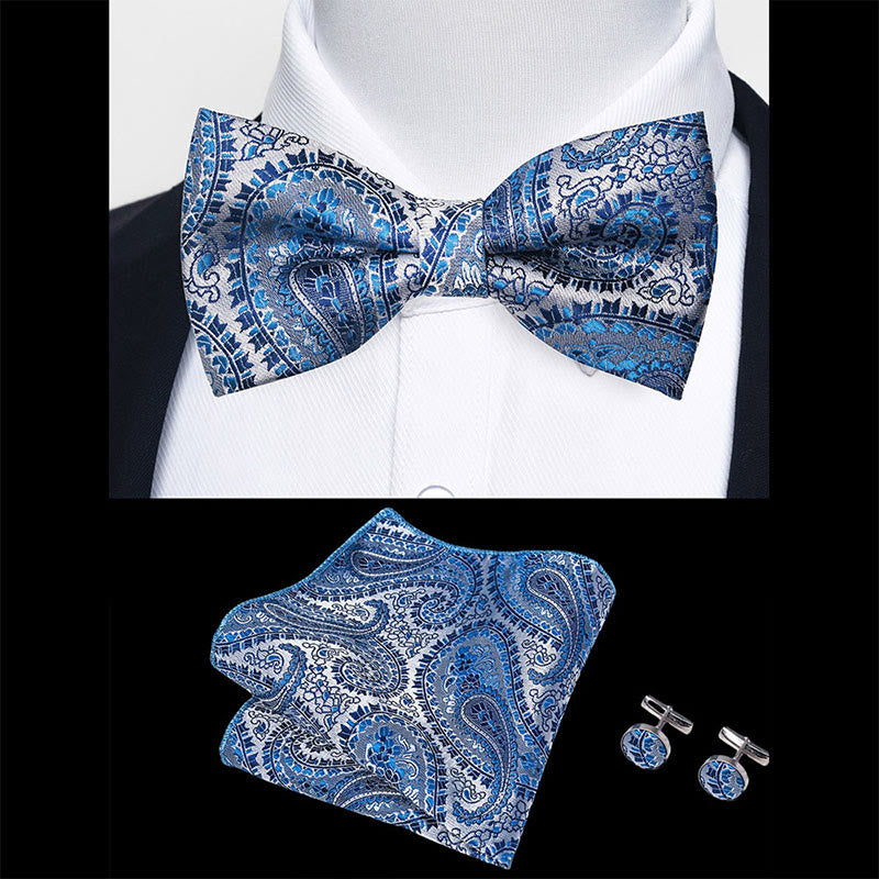 3Pcs Men's Textured Fabric Bow Tie Cufflink And Pocket Square Set - image 85