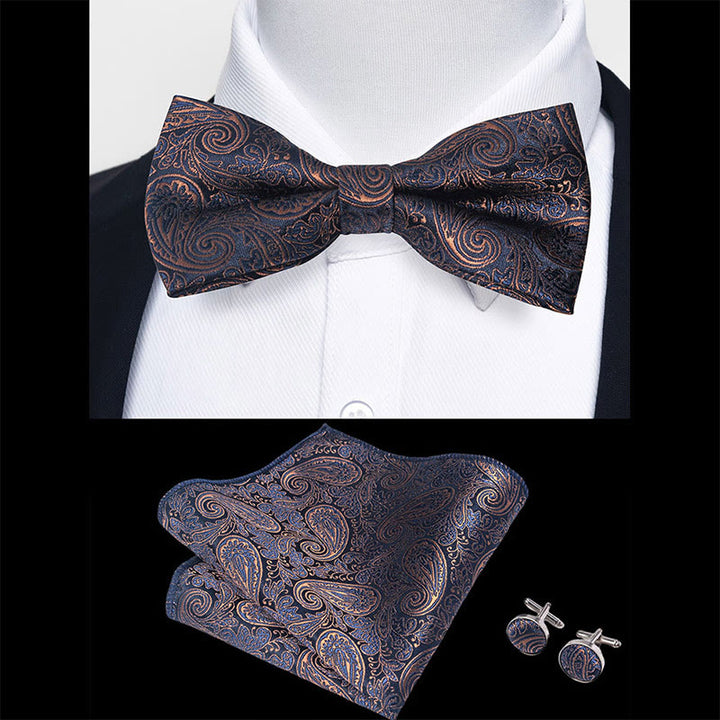 3Pcs Men's Textured Fabric Bow Tie Cufflink And Pocket Square Set - image 1