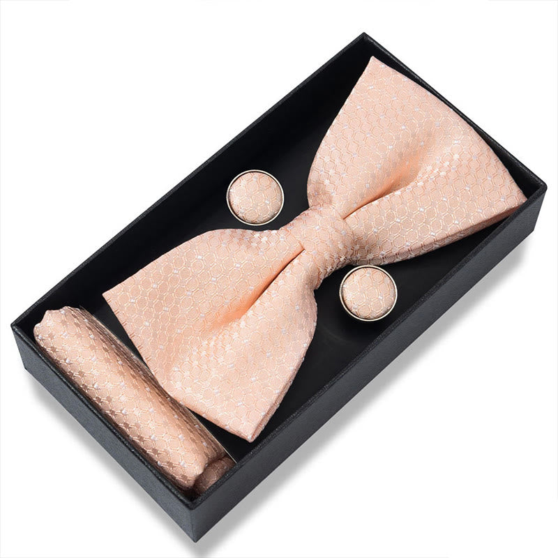 3Pcs Men's Textured Fabric Bow Tie Cufflink And Pocket Square Set - Style #33 - image 64