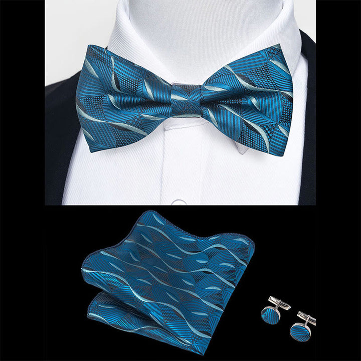 3Pcs Men's Textured Fabric Bow Tie Cufflink And Pocket Square Set - image 91