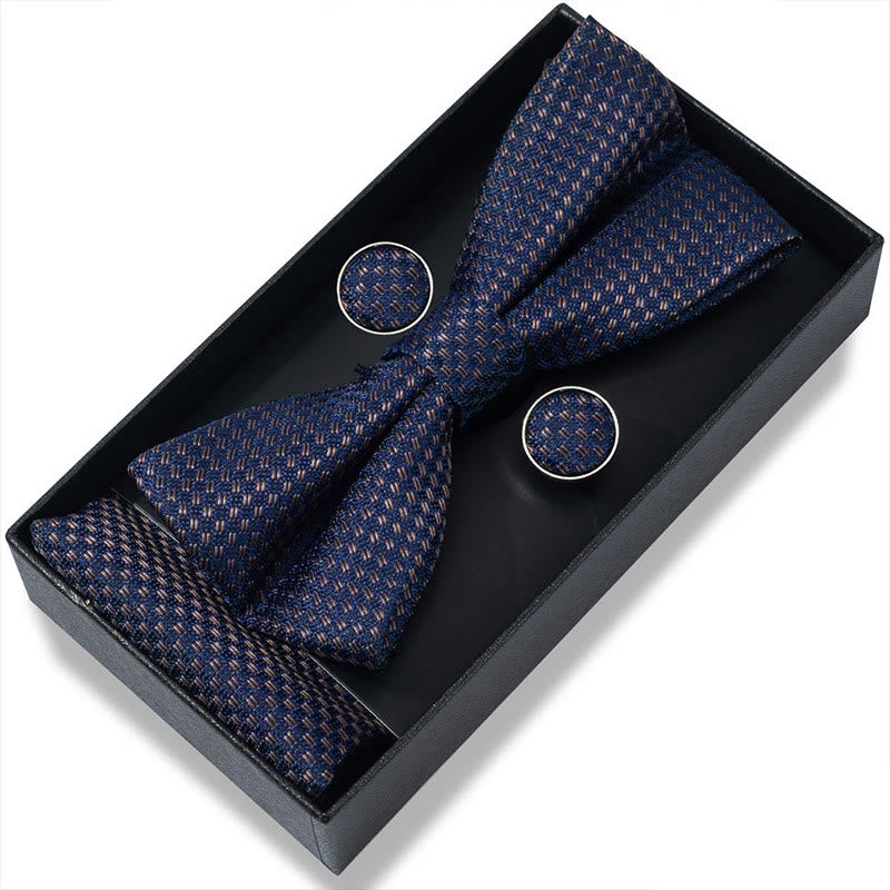 3Pcs Men's Textured Fabric Bow Tie Cufflink And Pocket Square Set - Style #4 - image 6