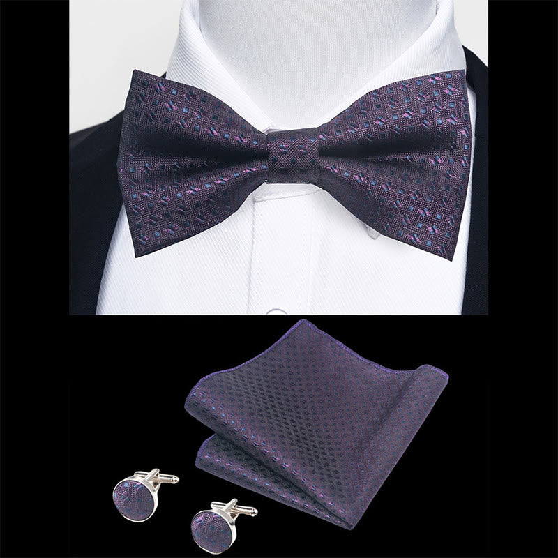 3Pcs Men's Textured Fabric Bow Tie Cufflink And Pocket Square Set - image 105