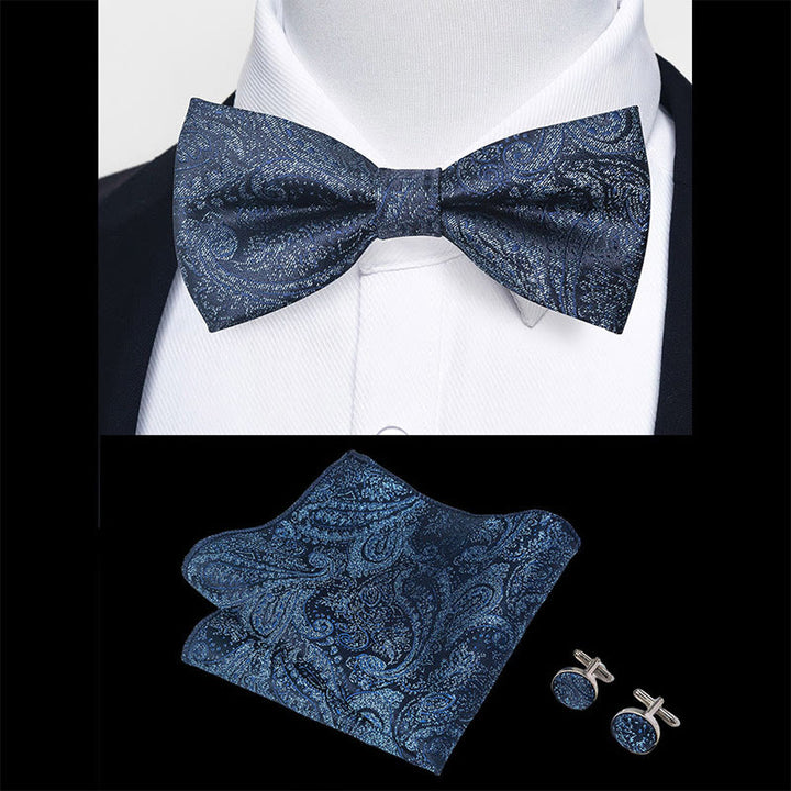 3Pcs Men's Textured Fabric Bow Tie Cufflink And Pocket Square Set - image 13