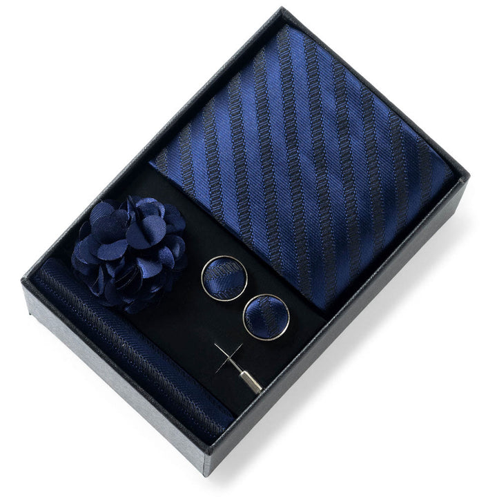 4Pcs Men's Stylish Patterned Fabric Necktie Pocket Square Cufflink And Lapel Flower Set - Style #5 - image 4