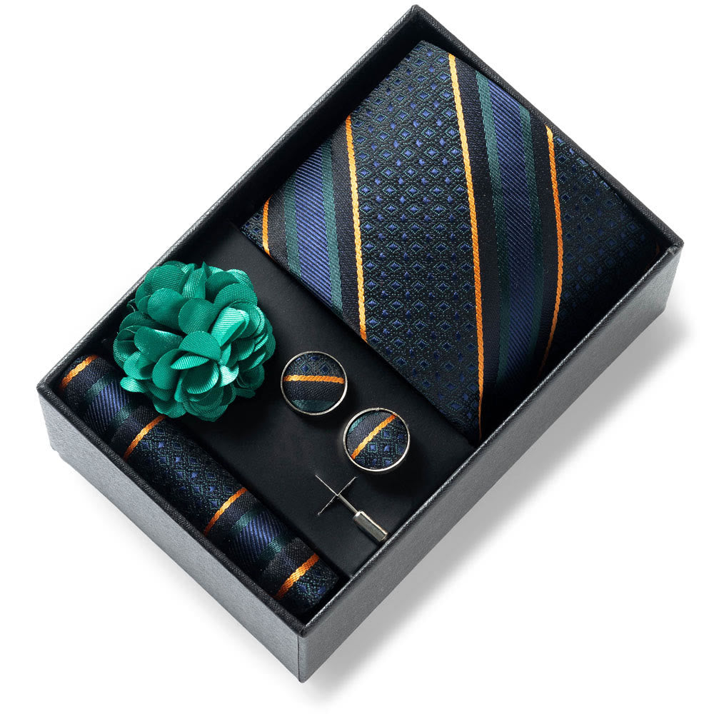 4Pcs Men's Stylish Patterned Fabric Necktie Pocket Square Cufflink And Lapel Flower Set - Style #22 - image 21